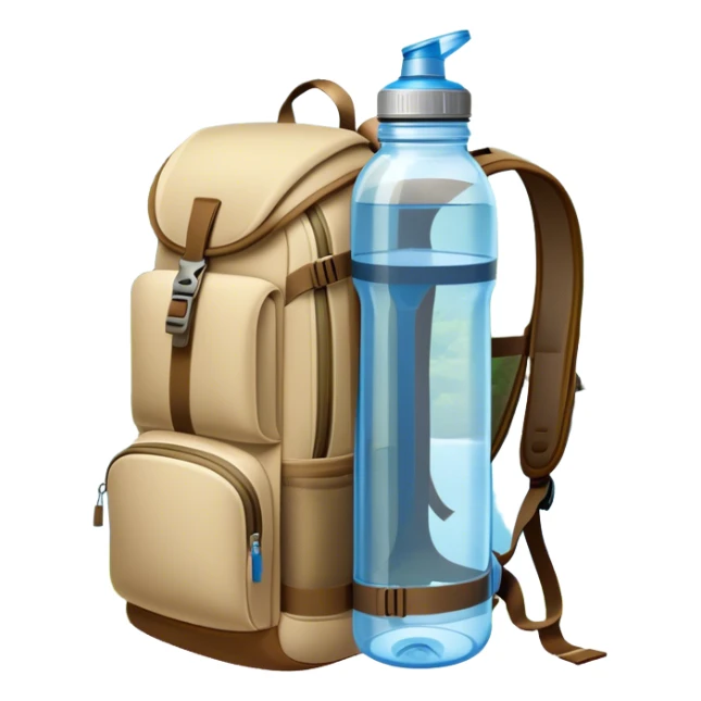 Icon for Ecotourism: a lightweight hiking backpack with a reusable water bottle, placed against a backdrop of lush green nature, with trees and a scenic trail. The icon should represent eco-friendly travel and the beauty of the outdoors. Transparent background. sticker
