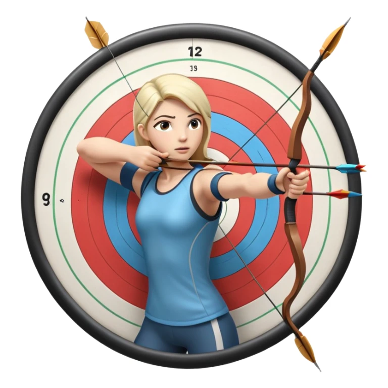 An archer drawing a bow and aiming an arrow at a target, with perfect focus and precision. The target is visible in the background, featuring concentric rings. The scene captures the concentration and skill involved in archery, emphasizing the elegance and accuracy of the sport. sticker