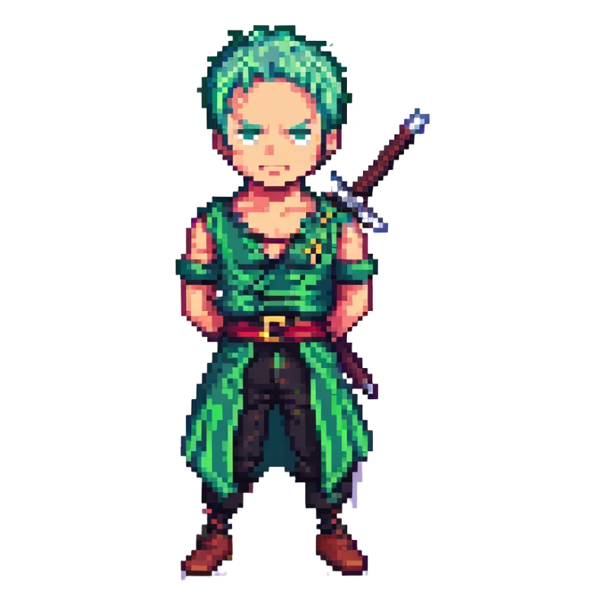 Zoro from One Piece, pixel art style, green hair, three swords, classic game look sticker