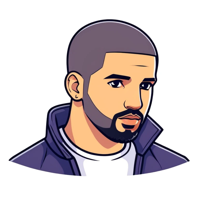 Hyperrealism, isolated, 3D rendering, digital stickers illustration of the Canadian rapper " Drake" 2025. Must be of highest quality 2800x2800px , clean smooth lines, no emoji icons or faces, glossy appearance overall. Full transparent background  sticker