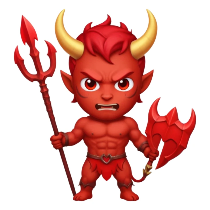 Emoji-style devil: red skin, horns, muscular body, red trident, angry face, same cute emoji style as the angel. sticker