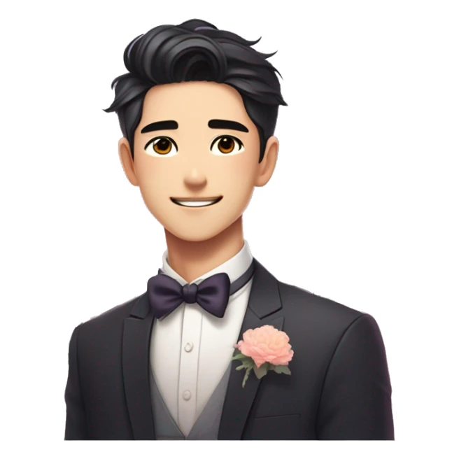 Gorgeous romantic anime style Asian formal modern gentlemanly guy with flowers and blushing face aesthetic trending style outside with colorful gradient colors sticker