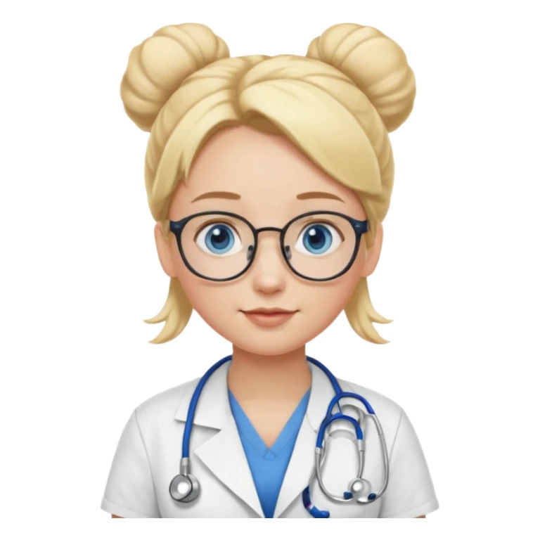 Blonde hair with two buns, blue eyes, stethoscope, and glasses sticker
