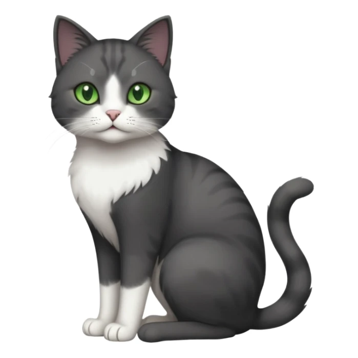 full body view of beautiful female solid dark grey cat with green eyes, white toes/paws and white patch on her chest sticker