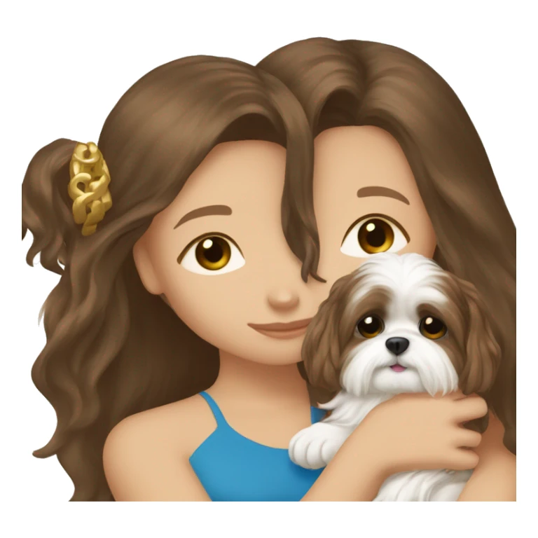 Brunette girl with brown long hair and blue eyes, hugging her withe Shih tzu with gold ears sticker