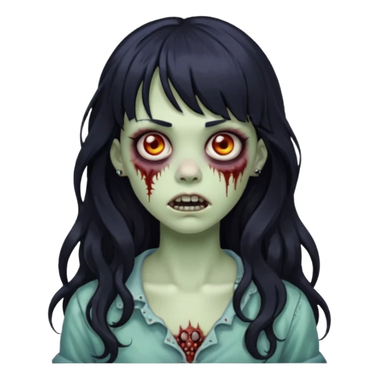 crie um kamoji estilo zumbi (feminina) com o cabelo comprido levemente ondulado e com franja preto, coloque alguns piercing  sticker