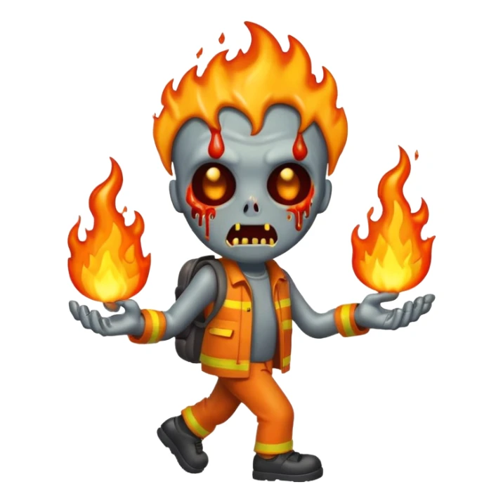 cartoon emoji-style fire zombie, walking with fire, melting features sticker