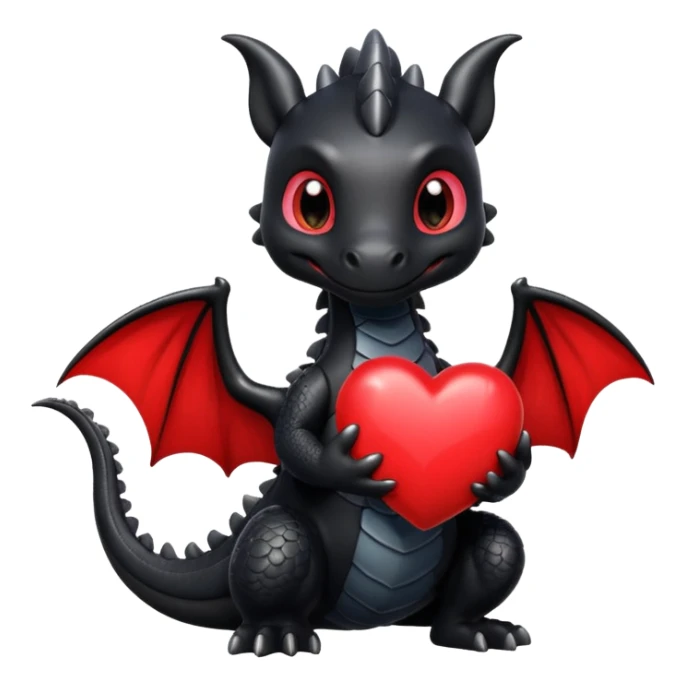 Cute black dragon holding a red heart sticker