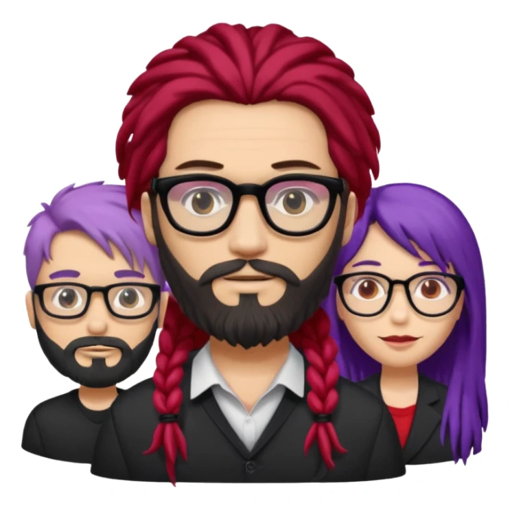 Man with long hair, glasses and Beard, next to man in black dreadlocks with red accent, woman in glasses with violet and black hair in the middle sticker
