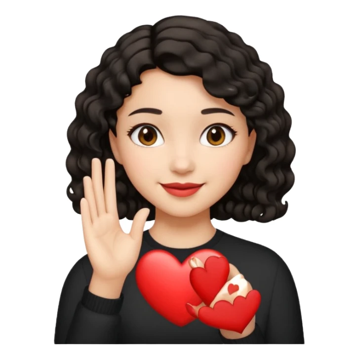 chica de cabello negro, corto y ondulado, haciendo un corazón con la mano, estilo emoji de iPhone, expresión sonriente sticker