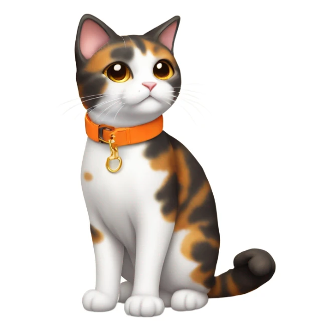 happy cute tortoiseshell white cat with orange cat collar full body from half side perspective  sticker