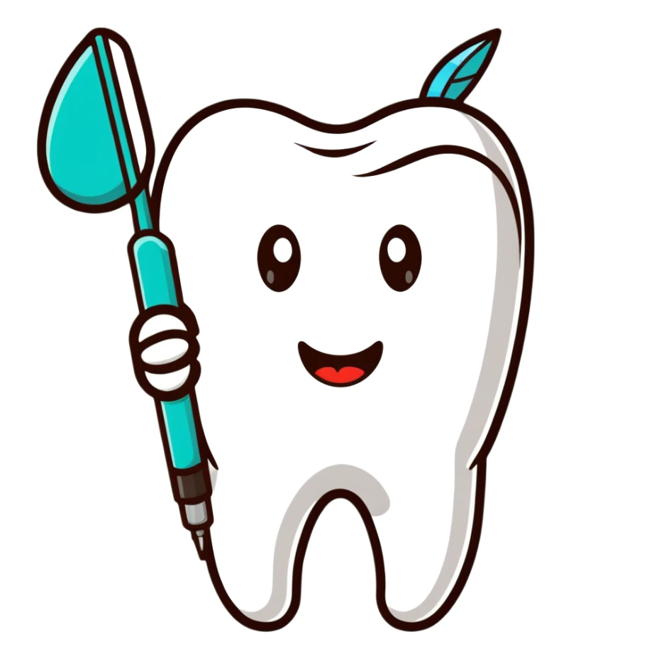 tooth with a small drill and dental mirror, representing root canal treatment sticker