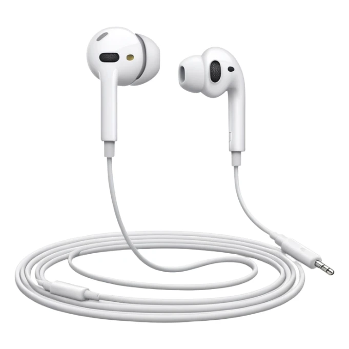 Minimalist white Apple EarPods with cord coiled in a perfect circle, clean simple design, no case, just the white headphones and wire arranged in a neat circle, iOS style sticker