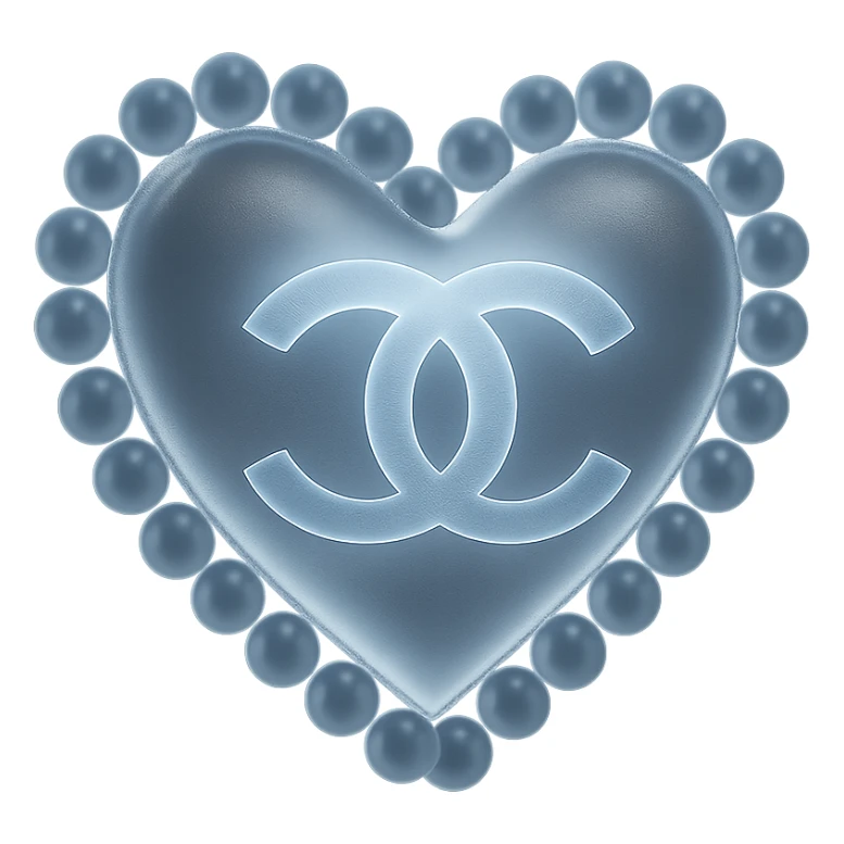 Keep the Chanel heart in metallic silver, surrounded by pearls, featuring interlocking C's, refined and timeless, with no background. sticker