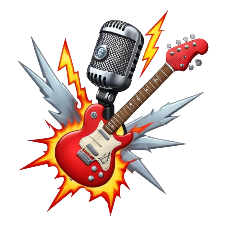 Create a bold and dynamic emoji representing rock vocal performance in a humanless collage. The design should feature a vintage microphone at the center, surrounded by key rock elements like an electric guitar, drumsticks, and a guitar pick. Include symbols of energy, such as lightning bolts or flames, and subtle musical notes or sound waves to evoke the raw power of rock vocals. Use dark, bold colors like black, silver, and red, with hints of chrome or metallic accents to convey the edgy, rebellious spirit of rock music. The background should be transparent. sticker