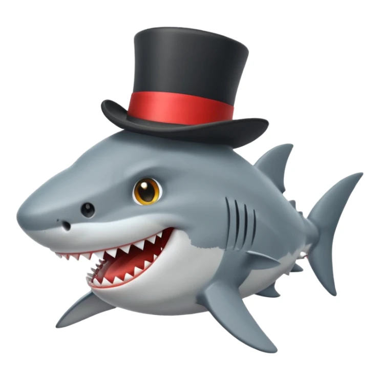 shark with a top hat, open mouth, simple apple emoji style sticker