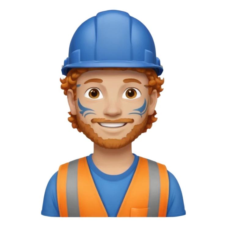 construction worker man ginger curly hair, blue helmet and face tattoo sticker