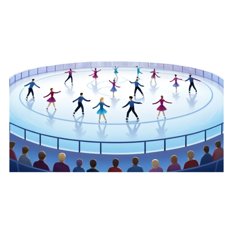 An icon showing a scenic ice rink with multiple figure skaters performing elegant moves under soft spotlight beams. Surrounded by audience stands and shimmering ice, the scene reflects harmony, grace, and the magic of figure skating. Transparent background included sticker