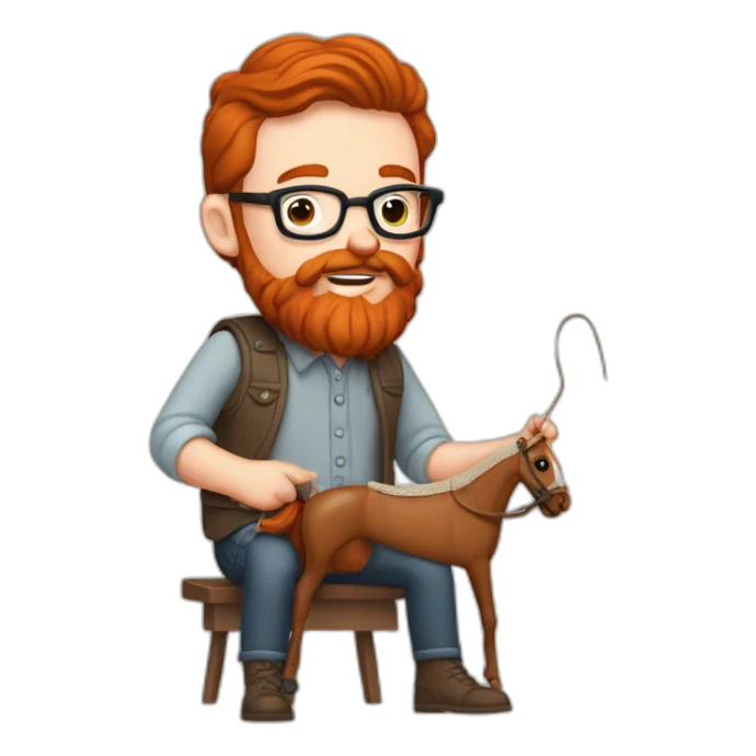 Red smooth haired man with beard and glasses hand sewing a horse saddle with needle and thread sticker