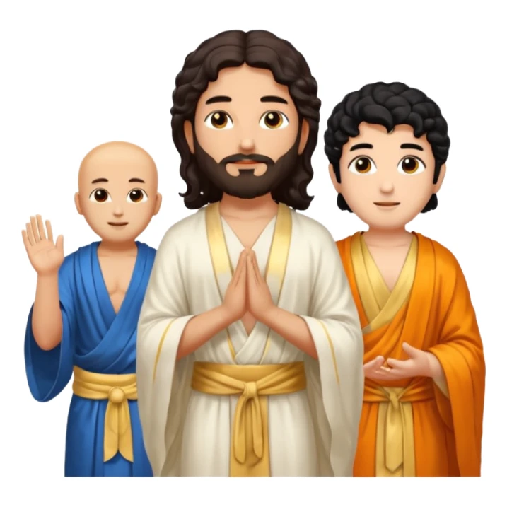 Create a Jesus, Krishna, and Buddha standing together. Jesus: long wavy dark-brown hair, short beard, wearing a simple white robe. 

 sticker