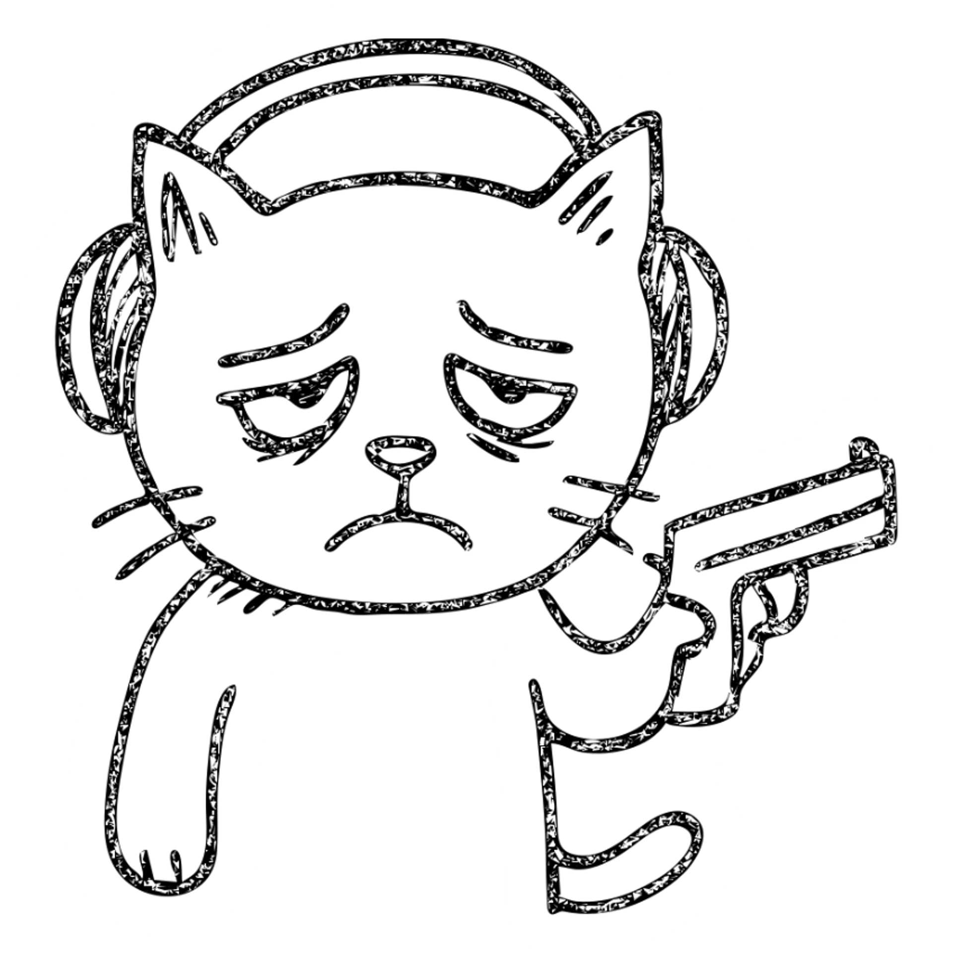 tired sad cat with headphones and gun, hand drawn outlined icon sticker