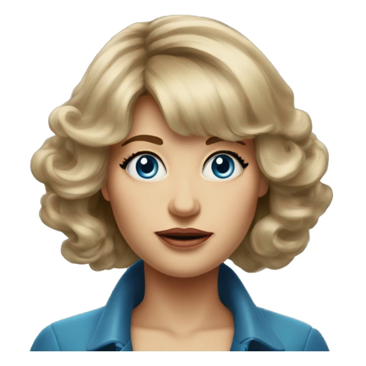 Medium length Dirty blonde big hair with bangs all across forehead and sides swept away from face woman of 60 with blue eyes  sticker