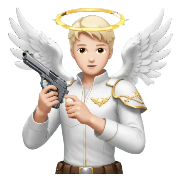 male Angel dual-wielding pistols, shooting, dynamic action pose, glowing wings, no background














 sticker