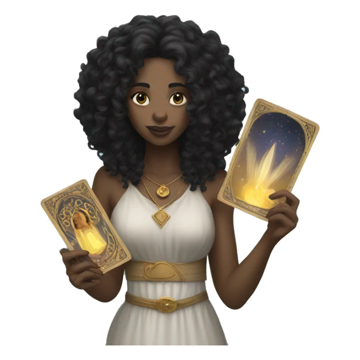 A white women with black curly hair holding tarot cards sticker