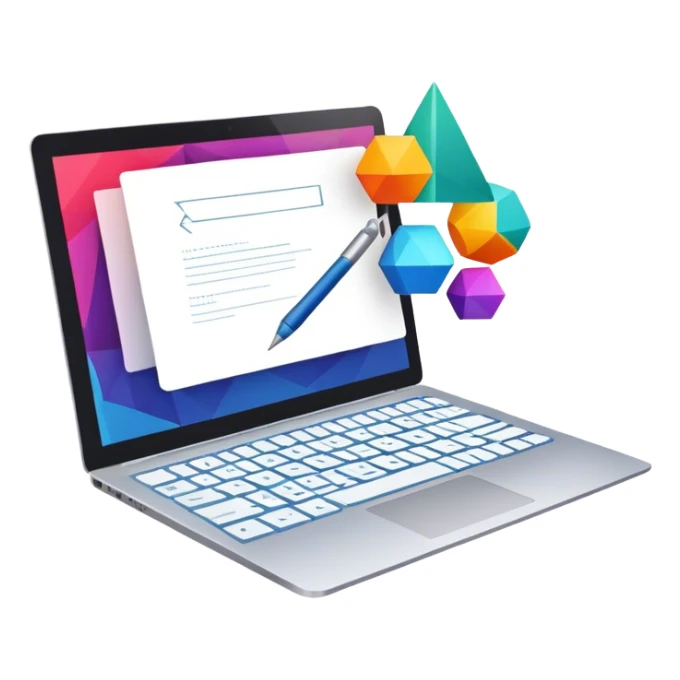 Professional icon for Graphic Design: a laptop with Photoshop open on the screen, displaying geometric shapes like spheres, cubes, and pyramids, along with a stylus. The icon should reflect the creative process in graphic design. Transparent background. sticker