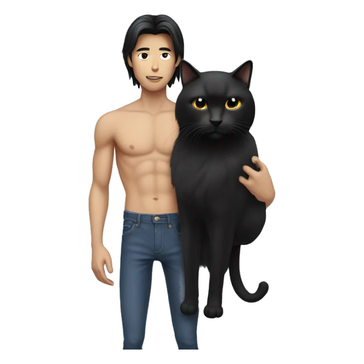 Skinny Model Long hair Asian man with abs holding black cat sticker
