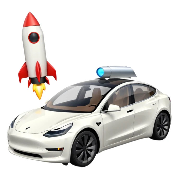 Tesla model 3 white. Two small rockets mounted flat on roof for extra propulsion sticker