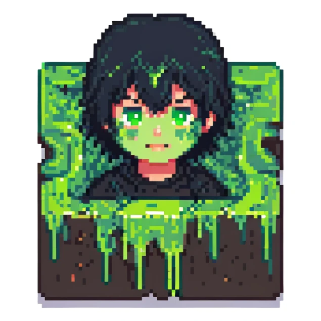 boy with black hair covered in slime, pixel art style sticker