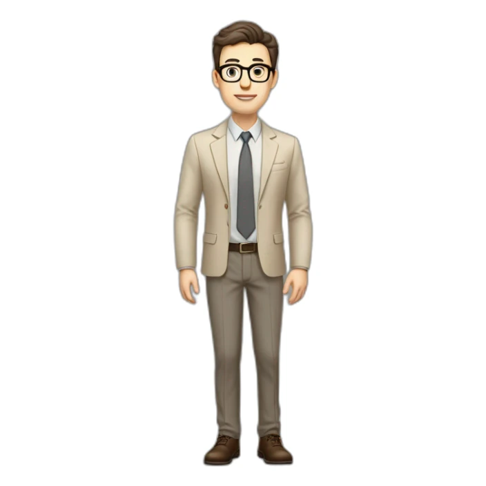 Full height Gesticulating Pale skinned fit man with dark brown hair in gray jacket, beige office shirt, brown tie, brown pants and vintage glasses. sticker