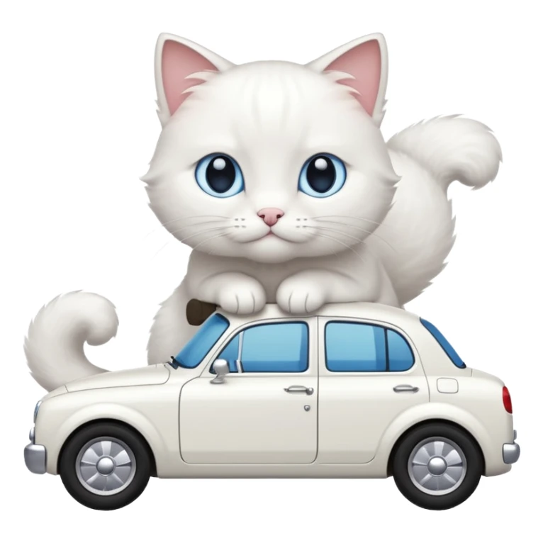 Please create a small emoji the size of 🚗 featuring a pure white cat with stubby tail with blue eyes on a white saloon car viewed from side. Again it is necessary that the emoji must be extremely small, much smaller than a standard sized sticker. sticker