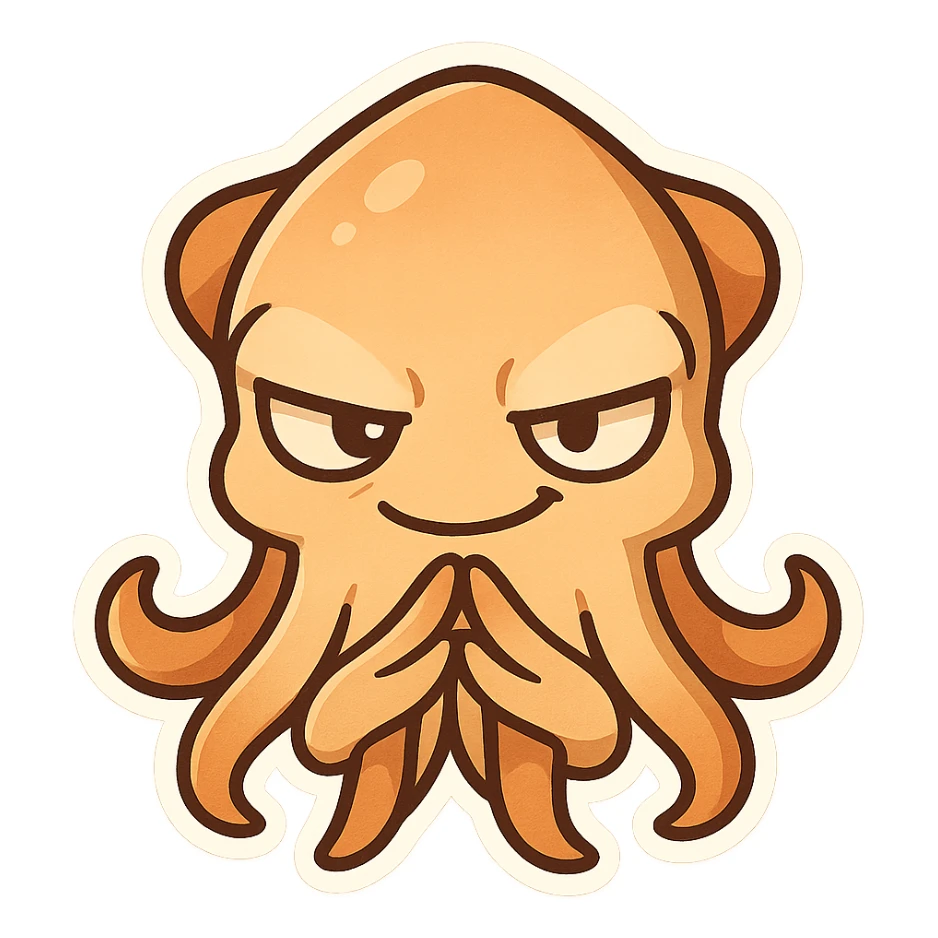 smug cartoon cuttlefish with tentacles posed like steepled fingers, villainous expression sticker