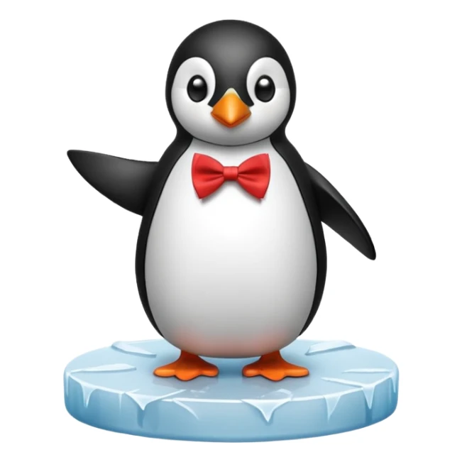 penguin, red bow tie, standing on small ice melting block sticker