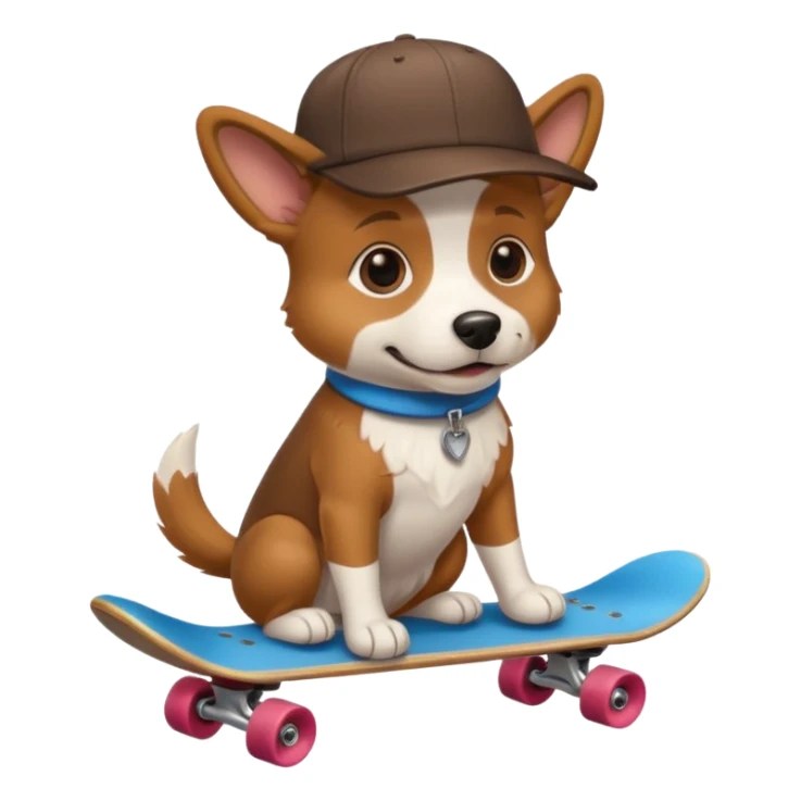 Dog siting down on a skateboard with a hat on backwords sticker