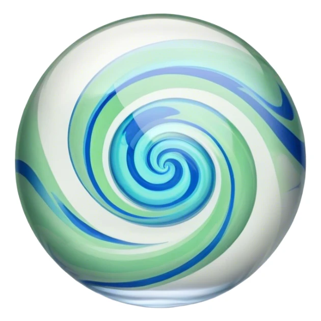 A single glass marble with a smooth, glossy surface. It is transparent with swirling blue and green patterns inside. The marble reflects light beautifully, creating subtle highlights and shadows. The background is softly blurred to emphasize the marble's intricate details sticker