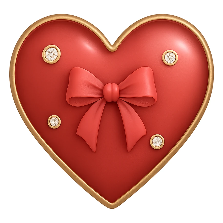 Add a small ribbon to the tiny red heart, pastel red enamel, sparkling gems, subtle gradient, soft glowing effect, no background, in a general style. sticker