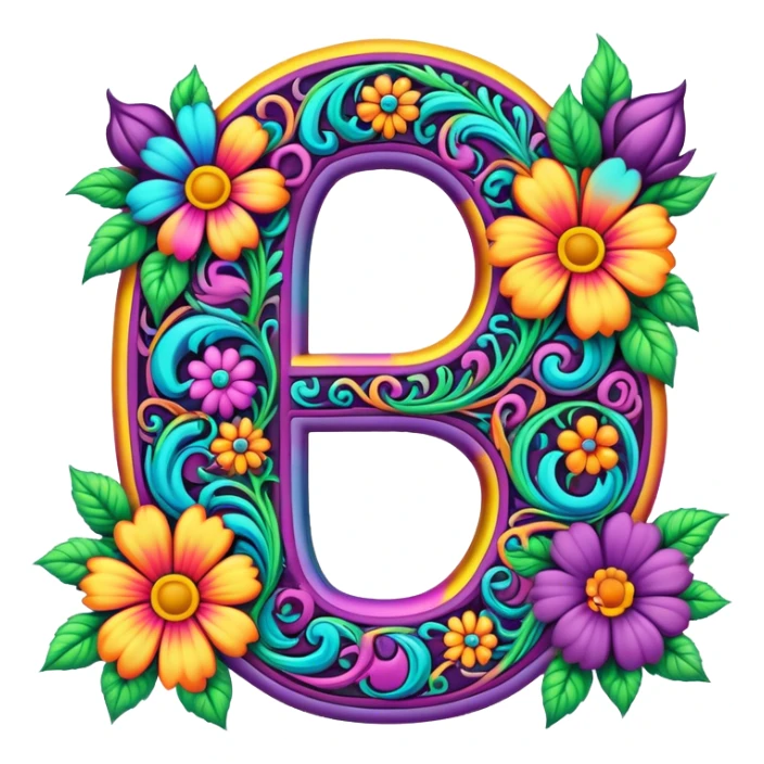 3D, gothic style psychedelic colored Letter “D” with hippie style flower border sticker