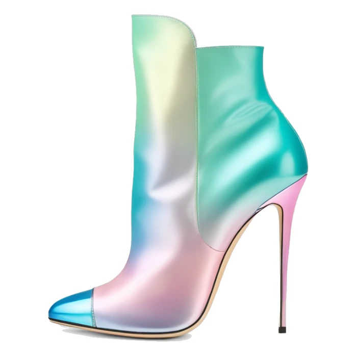 Realistic isolated top front view of a pair of metalliic tiffany blue to pastel pink ombre Jimmy Choo peep toe stiletto ankle booties. sticker