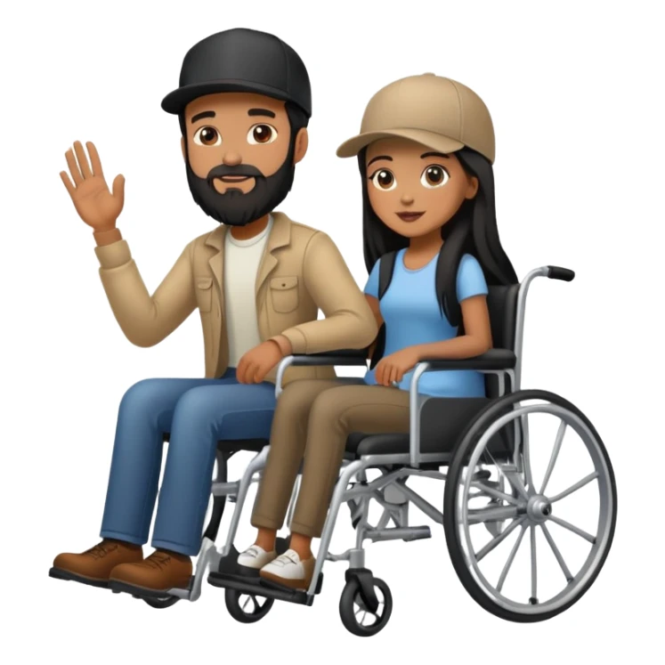 Tan skinned man with a beard and fitted cap in a wheelchair and a brown skinned woman with long black hair in a wheelchair sticker
