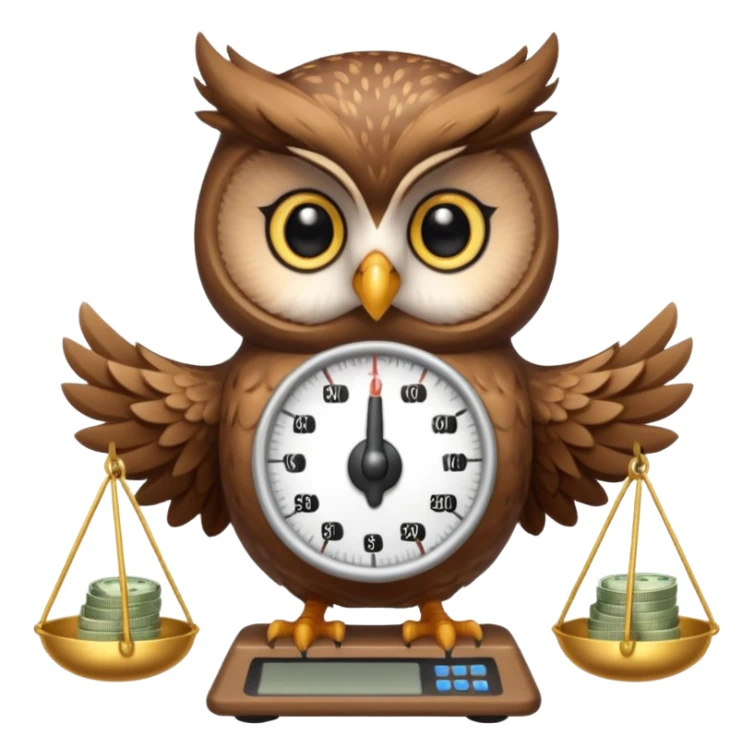 cute female mascot owl holding money scale with two sides sticker