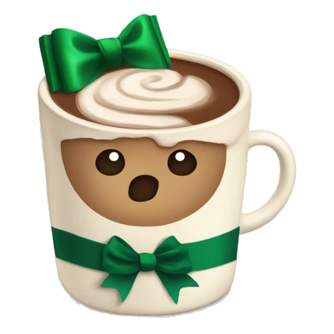 A beige cup of hot chocolate with a deep green bow around the cut  sticker