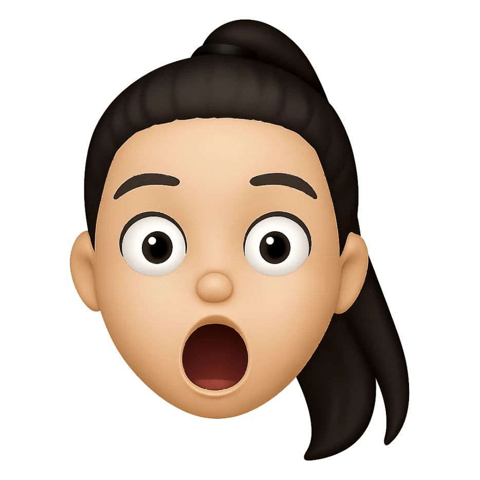 Create an emoji style head of this person with a shocked expression, transparent background. The style should resemble apple style emojis with concise details. sticker