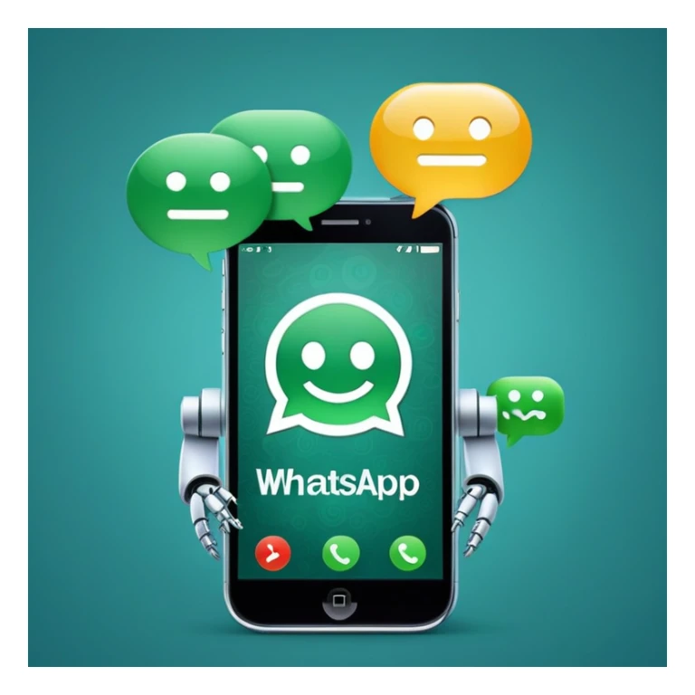 iPhone displaying WhatsApp screen with chat bubbles and a robot emoji as the contact sticker
