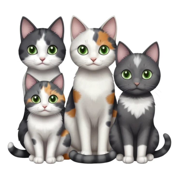 3 different coloured small cats including a dark grey and white, and a patchy calico and a completely solid dark grey with green eyes and only white paws sticker