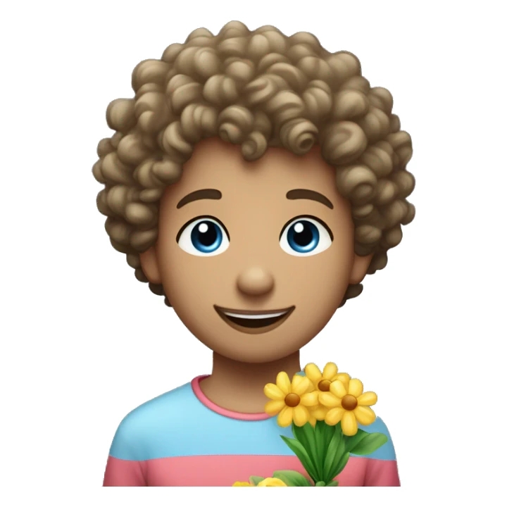 A curly haired short haired youngster with big lips and straight nose and blue eyes. He is holding a bouqet of flowers and smiling sticker