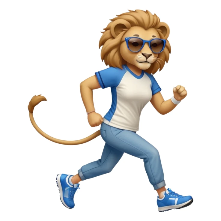 friendly anthropomorphised female lion wearing a baseball shirt, jeans, trainers, dark sunglasses, jogging upright, looking dominant and confident sticker