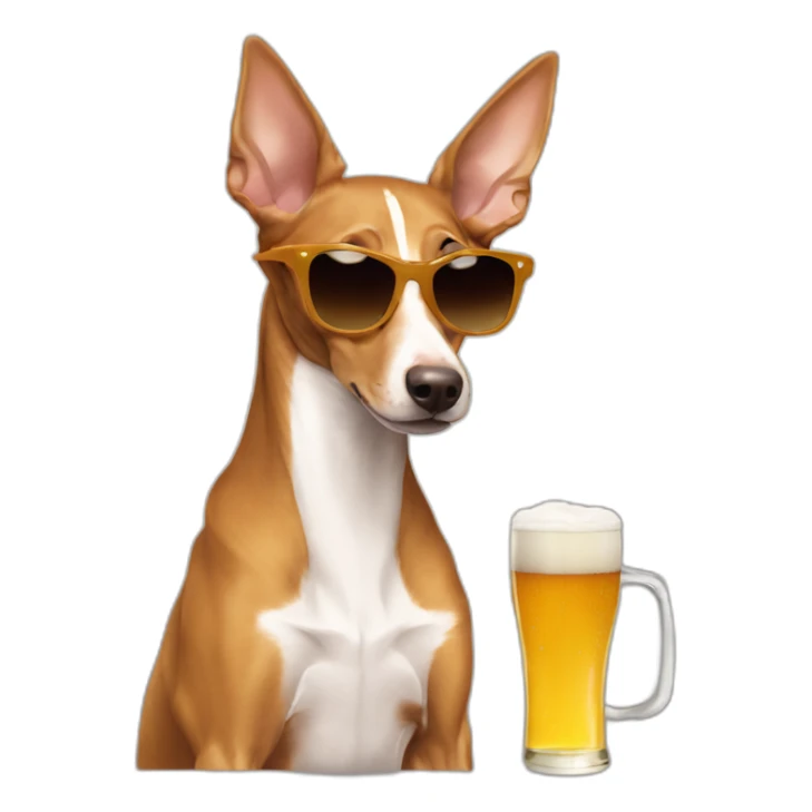 brown podenco with sunglasses taking a beer sticker